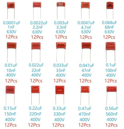 180 Pcs 15 Values Metallized Film Capacitor Kit