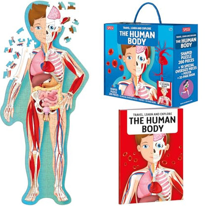 Sassi: Travel, Learn & Explore - The Human Body - 200pc Shaped Puzzle & 32-Page Book, Educational Set, Facts About Bodily Systems, (N.E. 2024) Kids 6+