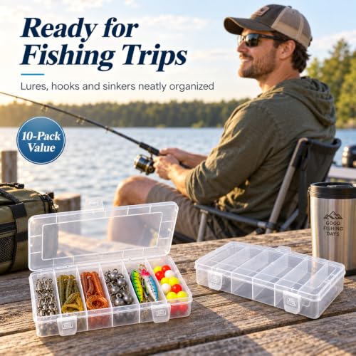 10 Pcs Small Tackle Box, Clear Tackle Box Organizer, 8.2 x 4.6 x 1.3 in Transparent Plastic Storage Cases for Fishing Gear, Beads, Screws and Crafts