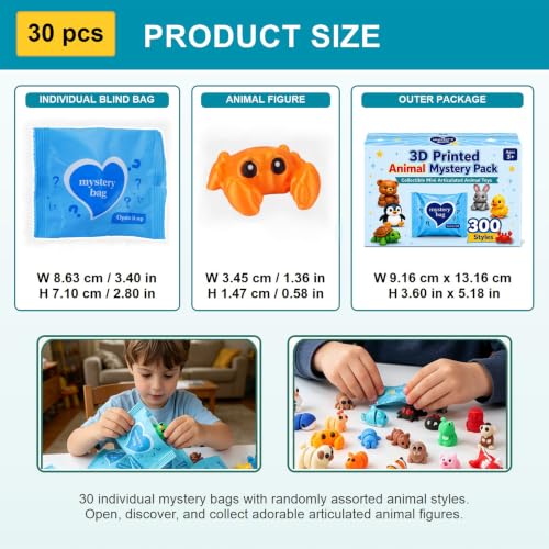 30PCS 3D Printed Animals Blind Bags, Mystery Pack Mini Animal Toys from 300 Styles, Flexible Articulated Fidget Desk Toys for Kids Party Favors Classroom Prizes Goodie Bags Birthday Gifts - color: Yellow