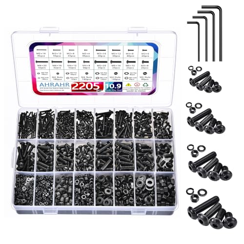 2205PCS Metric Screw Assortment Kit, M2 M3 M4 M5 Hex Socket Button Head Screws with Nuts and Washers, 10.9 Grade Alloy Steel Fastener Set for 3D Printer, Electronics, CNC and DIY Projects - color: M2M3M4M5 2205pcs