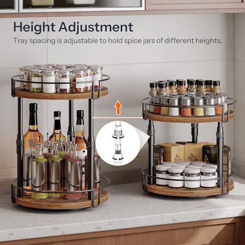 HOOBRO Lazy Susan Organizer Spice Rack, 2-Tier Height Adjustable Rotating Spice Organizer, for Kitchen Countertop and Cabinet, Rustic Brown BF05TL01 - color: Rustic Brown + Black