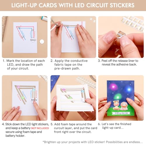 60 Pcs LED Circuit Stickers Light Craft Kit for Making Light-Up Cards Projects, with 1 Roll Conductive Tape 3 Sheets Adhesive Foam Strips, Add Lights to Special Cards, Rainbow Blink & White Color - color: 60 Led + 1 Conductive Tape + 3 Foam Stickers C