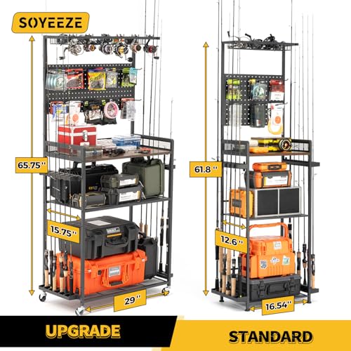 SOYEEZE Fishing Rod Holders for Garage,Fishing Gear Holder for Fishing Rod Tackle Box Storage，Fishing Pole Holders for 12 Rods with Hooks and Pegboard,Fishing Stand with Reel Rack, Standard Size - size: Standard