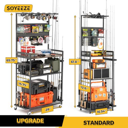 SOYEEZE Fishing Rod Holders for Garage,Fishing Gear Holder for Fishing Rod Tackle Box Storage，Fishing Pole Holders for 12 Rods with Hooks and Pegboard,Fishing Stand with Reel Rack, Standard Size - size: Standard