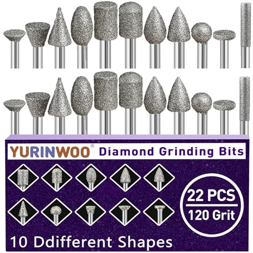 120-Grit Diamond Grinding Bit 1/8" Shank Compatible with Dremel Rotary Tool, 22Pcs Diamond Grinding Burrs for Stone Jade Glass Resin Metal Porcelain Ceramic Quartz Glaze Carving Engraving Polishing - style: 22PCS-120Grit