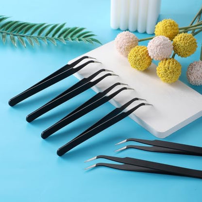 9 Pieces Craft Tweezers, Stainless Steel Curved Pointed Precision Tweezer Anti-Static Pointed Sticker Tweezers Fine Crafting Tweezer for Electronics, Soldering, Jewelry Making (Black) - color: Black