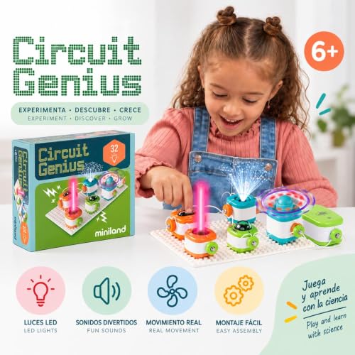 Miniland Set of 32 Electrical Experiments, Kids Games, STEM Game for Learning About Electricity in a Fun and Safe Way, Boys and Girls Ages 6 and Up, Building Toys | Circuit Genius - style: Circuit Genious