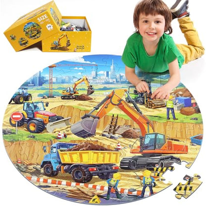 Floor Puzzles for Kids Ages 4-6, Large 70 Piece Construction Puzzles for Kids Ages 6-8 with Excavator Bulldozer Forklift Dumper Truck, Building Site Educational Toy Gifts for Boys Girls Children - style: Construction Site
