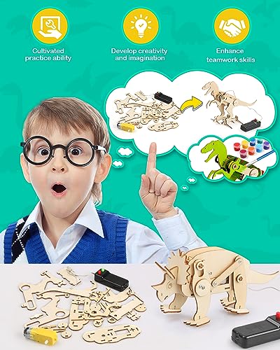 Poraxy Dinosaur Toys, 4 in 1 STEM Kits for Kids Age 8-10, Toys for Ages 8-13, Educational Science Building Projects, 3D Wooden Puzzles Robot Crafts, Gifts for Boys Girls 7 8 9 10 11 12 13 Year Old - size: Dinosaur toys with Paints