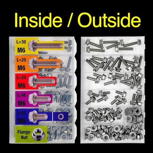 EEEEE Metric Hex Flanged Bolt Assortment Kit 138pcs and Nuts Kit Set,M6 Bolt 12 mm 16mm 20mm 25mm 30mm, Flange Metric Large Hardware Grade Hex Bolt Assortment,304 Stainless Steel Class Flat Washers - size: M6 138pcs (304 stainless)