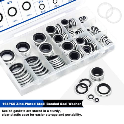 165PCS Bonded Sealing Washers, Metric Sealing Rubber Washers Kit - color: 165PCS Black Seal Washers