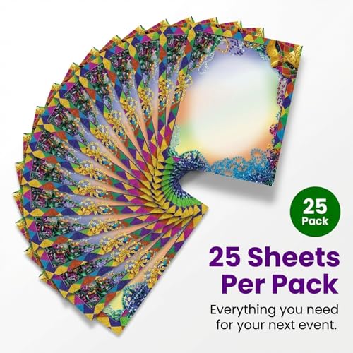 PaperDirect Bourbon Street Mardi Gras Border Paper, Multicolor Harlequin Glitter Print with Mask and Beads Design, 8.5 x 11, Acid-Free, Stationery for Party Invitations, Cards, 25 Sheets - color: Bourbon Street