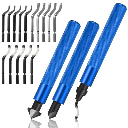 3 Pcs Hand Deburring Tool Kit 2 Countersink Hand Reamer and 1 Deburring Tool with 15 Extra High Speed Steel Swivel Blade for Metal, Resin, Aluminum, Copper, Plastic, 3D Printing, Wood (Blue) - color: Blue