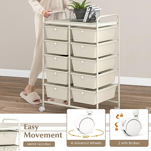 COSTWAY 10 Drawer Rolling Storage Cart, Utility Cart with Lockable Wheels - color: White, size: 10 Drawer