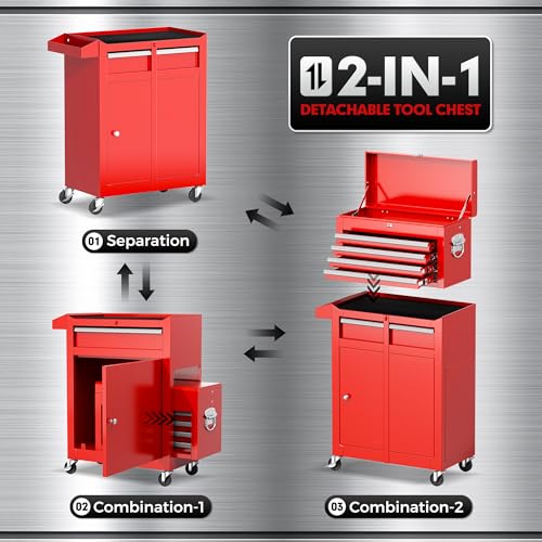 Oakcloud Heavy-Duty 5-Drawer Rolling Tool Chest & Cabinet Combo with Black Liner – Lockable Steel Garage Tool Box on Wheels – Detachable Top Toolbox & Bottom Storage Cart with Side Hooks, Red - color: Red, size: 5-drawer