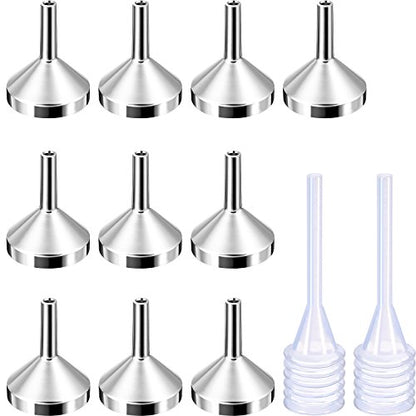TecUnite 10 Pack Small Metal Funnels with 2 Pack Pipette, Silver