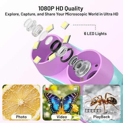 1000X Handheld Microscope for Kids 2.0" Screen 32GB Card Included - color: Purple