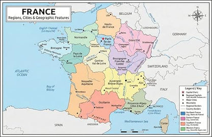 France Map Poster 11x17 | Laminated Double-Sided Geography Chart with Color Map Front & Blank Outline Back | Reusable Classroom & Homeschool Learning Tool - color: France