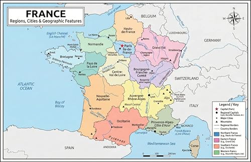 France Map Poster 11x17 | Laminated Double-Sided Geography Chart with Color Map Front & Blank Outline Back | Reusable Classroom & Homeschool Learning Tool - color: France