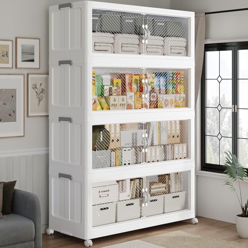 240QT Extra Large Stackable Storage Bins with Lid, 60Gal Plastic Closet Organizers and Storage Drawer, Collapsible Cabinet Box with Wheels Clear Doors for Home Kitchen Garage, 4Pack White - color: White, size: 60QT-4Pack