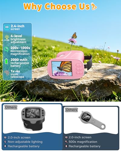 1000X Handheld Microscope for Kids, 4K Digital Kids Microscope Science Kits - color: Pink