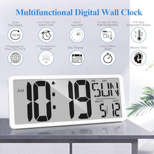 Large Digital Wall Clock with Backlight 15.2 Inch Digital Alarm Clock for Bedroom Wall Clocks Battery Operated Large Display with Temperature Desk Clocks for Office Living Room Decor - size: 15.2" Battery Operated with Backlight