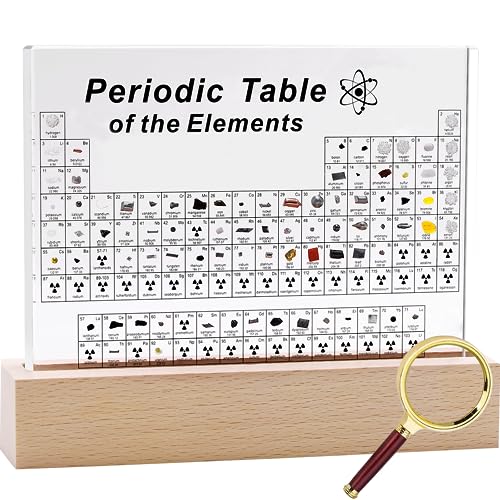 Large Periodic Table with 83 Real Elements Inside, Acrylic Periodic Table of Chemical Elements with Wooden Stand and Magnifying Glass, Periodic Tables Display with Element for Teacher Students - size: 8.3"L x 5.5"W