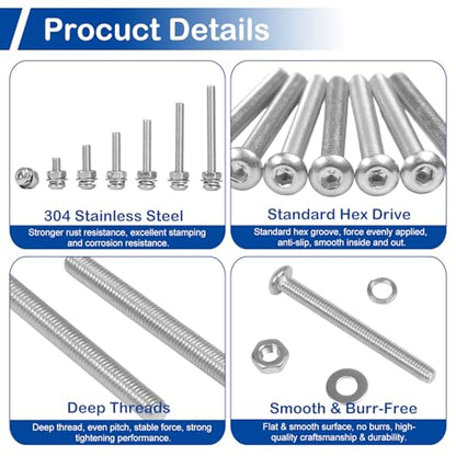 430Pcs M4 Button Head Socket Cap Screws Assortment Kit with Nuts Washers - size: M4 Screws Kit