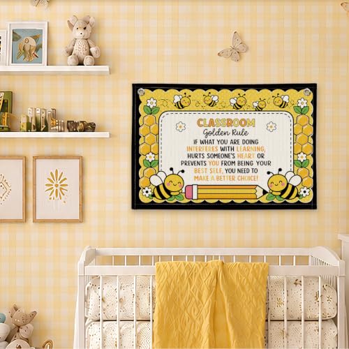 Bee Theme Classroom Golden Rule Decor Canvas Wall Hanging Banner - color: 03-Classroom Golden Rule - Bee Theme