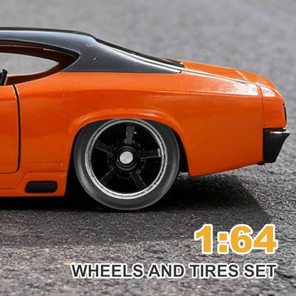 MECCANIXITY 4 Set 1/64 Wheels and Tires Set, Real Riders Rims Includes Axles for RC Diecast Car DIY Model, 6-Spoke Silver Line Black Rims