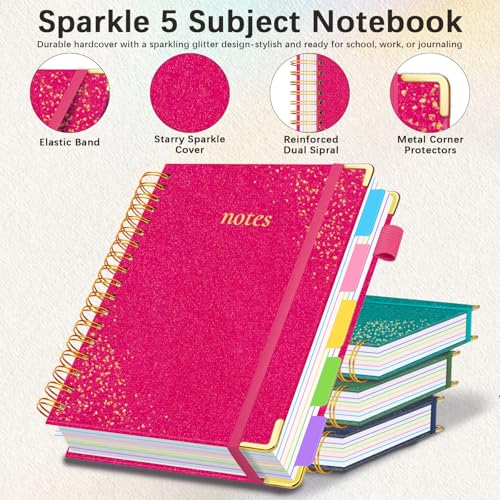 Hardcover Spiral Notebook with Tabs & Dividers, 8"x10" 5 Subject - color: Rose Red, size: 8''x 10''