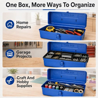14.2 Inch Portable Metal Tool Box with Removable Tray, Blue - color: Blue