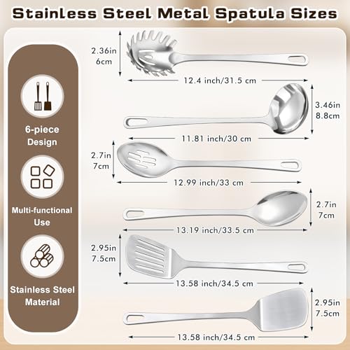 9 Pcs Cooking Utensils Set, Stainless Steel Kitchen Utensils, Heat Resistant Metal Kitchen Tools Include Solid & Slotted Turner Wok Spatula, Serving Spoon, Ladle, Pasta Server, Meat Fork, Tongs Silver - color: E. 9 Pieces