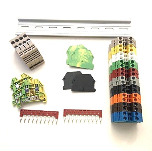 DIN Rail Terminal Blocks Kit by International Connector 20 Dinkle DK2.5N DIN Terminal Block Connectors 12-22 AWG Gauge 20A 600V, Ground Blocks, Jumpers, End Covers, End Brackets on 8'' Aluminum Rail