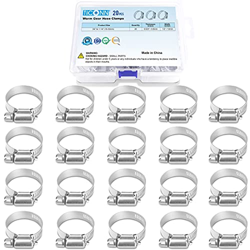TICONN 20PCS Hose Clamps Set 304 Stainless Steel, 3/4"-1-1/4" Worm Gear - size: SAE #10 20PCS 3/4"~1-1/4"