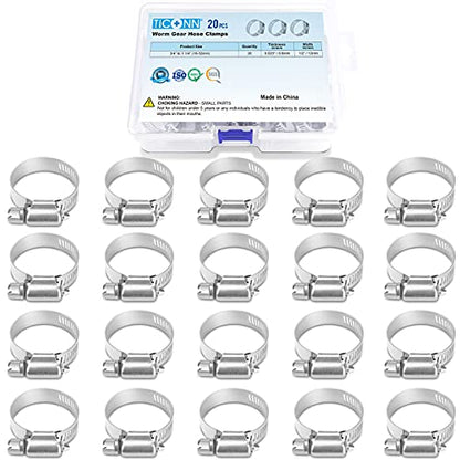 TICONN 20PCS Hose Clamps Set 304 Stainless Steel, 3/4"-1-1/4" Worm Gear - size: SAE #10 20PCS 3/4"~1-1/4"