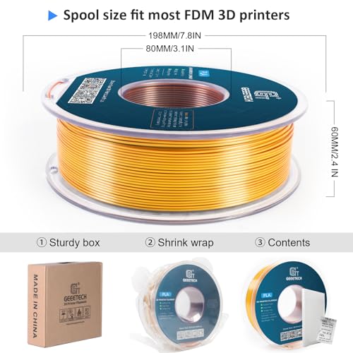 Geeetech 3D Printer Silk PLA Tri-Color Filament, Metal-Like Shiny Silk Filament 1.75mm 1kg (2.2lbs) Spool, Dimensional Accuracy +/- 0.02 mm, Tri-Color Gold Silver Copper - color: 1kg Triple Color Gold-silver-copper