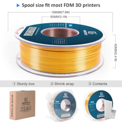 Geeetech 3D Printer Silk PLA Tri-Color Filament, Metal-Like Shiny Silk Filament 1.75mm 1kg (2.2lbs) Spool, Dimensional Accuracy +/- 0.02 mm, Tri-Color Gold Silver Copper - color: 1kg Triple Color Gold-silver-copper