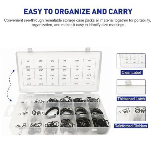 Boatsea 300Pcs C-Clip Circlip External Circlip Snap Retaining Clip Rings Assortment Kit, Alloy Steel Snap Ring Shop Assortment Set, 18 Sizes External Retaining Rings of 1/8"-1-1/4" - size: C-Clip 300PCS