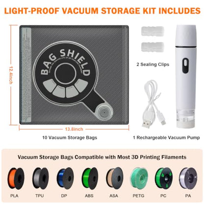 3D Printer Filament Vacuum Storage Bags Kit with Wireless Rechargeable Vacuum Pump, 10pcs Light-Proof & Moisture Resistant Filament Vacuum Sealed Bags, Reusable Vacuum Bags for Filament(12.4" X 13.8") - size: 10 Bags + USB Pump