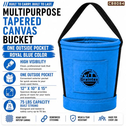Graintex Tapered Canvas Bucket 12"x10"x15", Utility Tool Bucket One Inside Pocket, Reinforced Base & Carry Handle, Ripstop Canvas - Royal Blue - color: Royal Blue