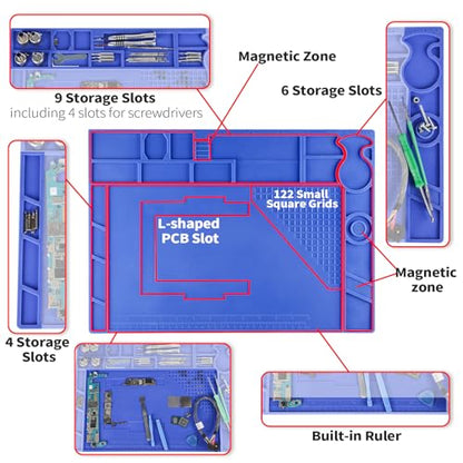 YIHUA M170 Heat-resistant Soldering Mat with Multiple Storage Slots, Built-in Ruler, Magnetic Zones, PCB Slot, Bendable Soft Silicone Soldering Mat, Dimensions 17.32*12.20*0.24 inches (440*310*6mm) - size: 17.32 in × 12.20 in