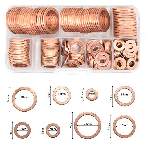 150PCS 8 Sizes Copper Metric Sealing Washers Flat Washers Assortment Kit
