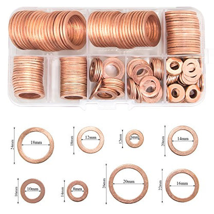 150PCS 8 Sizes Copper Metric Sealing Washers Flat Washers Assortment Kit