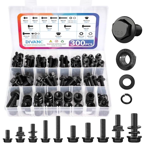 300Pcs Metric Flange Bolt Assortment, M6 M8 M10 Flange Hex Bolts and Nuts Washers Kit, Alloy Steel Class 10.9 Black Zinc Plated, M6x1.0, M8x1.25, M10x1.5 (12mm to 30mm) (Black) - color: Black
