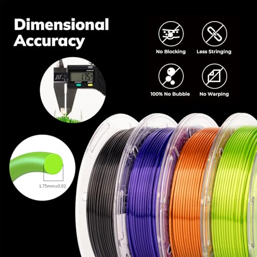 AMOLEN PLA 3D Printer Filament Silk PLA Filament 1.75mm Silk Filament Pack Black/Red Copper/Purple/Neon Green 3D Printing Filament Bundle for Holiday 3D Printing, 200gX 4 Spools - color: Black/Purple/Red Copper/Neon Green