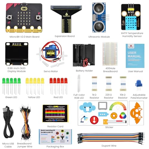 KEYESTUDIO Micro:bit Basic Starter Kit for Teens & Beginners - Electronics Learning Kit with Sensors, LEDs & Tutorials | STEM Education Projects for Coding(Micro:bit Included)