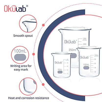 Glass Beaker Set, Low Form, Graduated 3.3 Borosilicate Glass Beakers, Vol.50,100,250mL, for Lab, Classroom, Craft, Kitchen,BKLGS3A1 - style: Vol.50ml,100ml,250ml