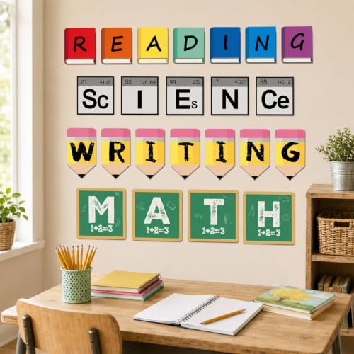 23Pcs Core Subjects Classroom Decoration Bulletin Board Set Science Reading Math Writing Bulletin Board Paper Book Sign Classroom Decor for Back to School Elementary Blackboard Craft Wall Decor